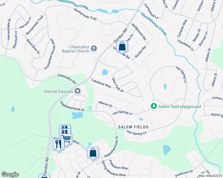 map of restaurants, bars, coffee shops, grocery stores, and more near 6904 Lakeland Way in Fredericksburg