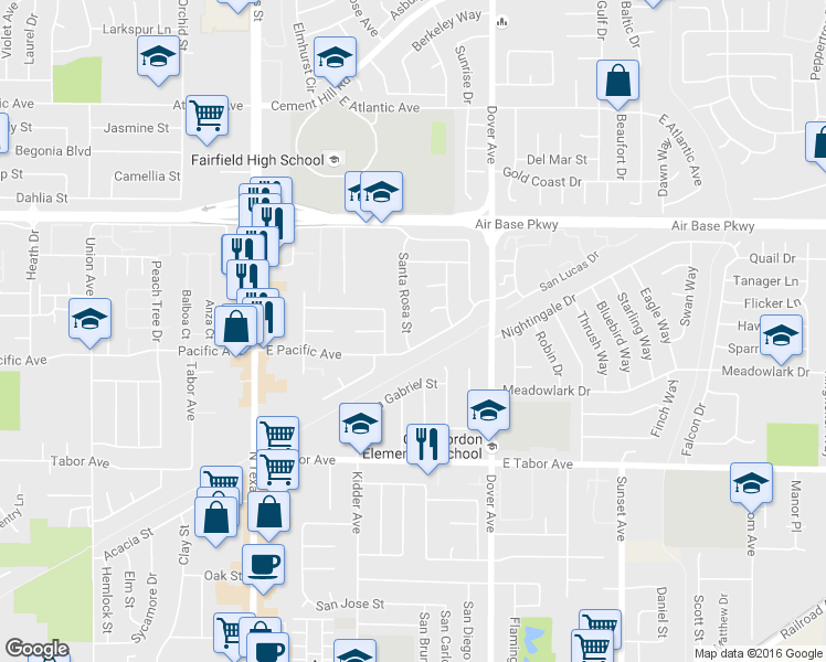 map of restaurants, bars, coffee shops, grocery stores, and more near 2212 Santa Rosa Street in Fairfield