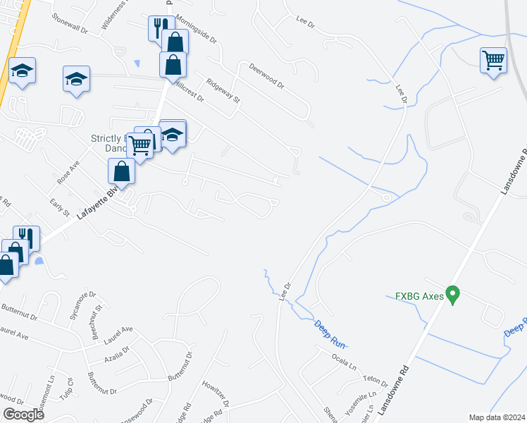 map of restaurants, bars, coffee shops, grocery stores, and more near 525 Olde Greenwich Circle in Fredericksburg