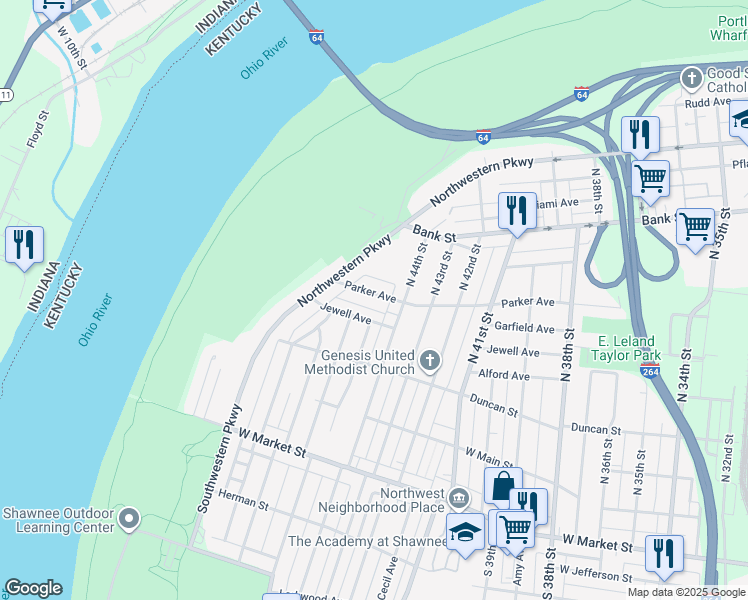 map of restaurants, bars, coffee shops, grocery stores, and more near 4420 Parker Avenue in Louisville