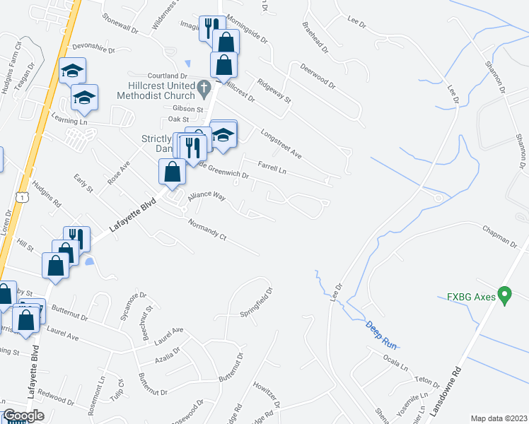 map of restaurants, bars, coffee shops, grocery stores, and more near 4525 Alliance Way in Fredericksburg