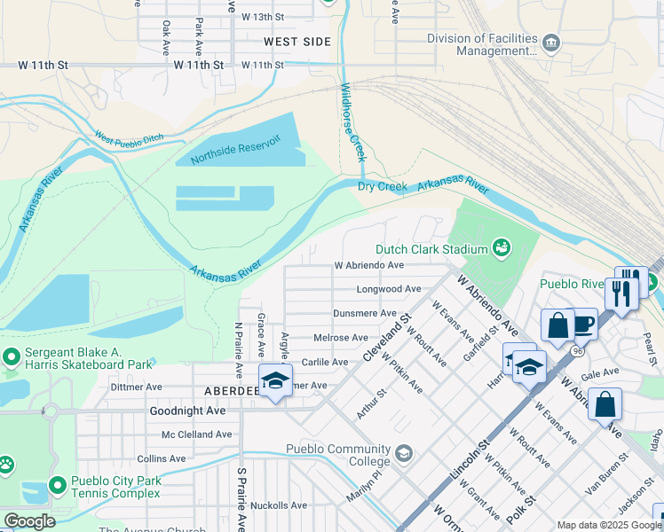 map of restaurants, bars, coffee shops, grocery stores, and more near 1300 West Abriendo Avenue in Pueblo