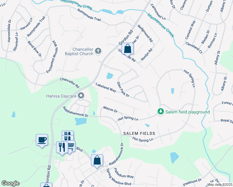 map of restaurants, bars, coffee shops, grocery stores, and more near 6904 Lakeland Way in Fredericksburg