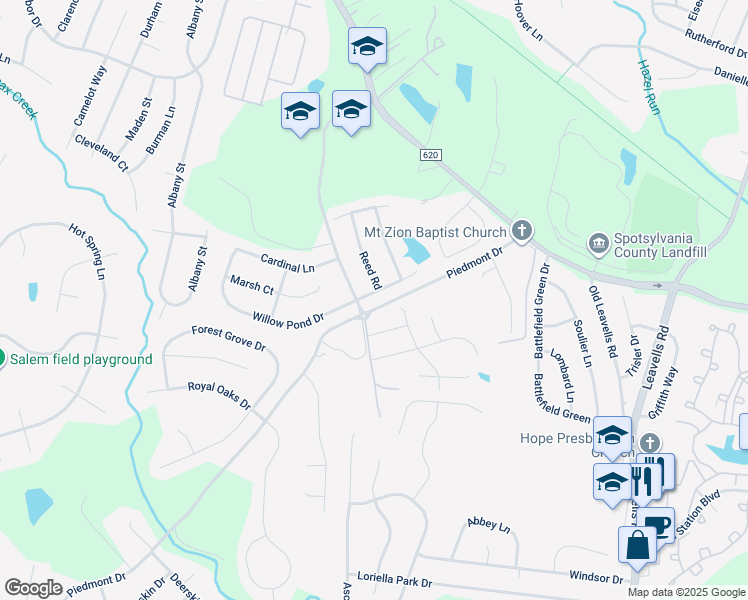 map of restaurants, bars, coffee shops, grocery stores, and more near 6408 Willow Pond Drive in Fredericksburg