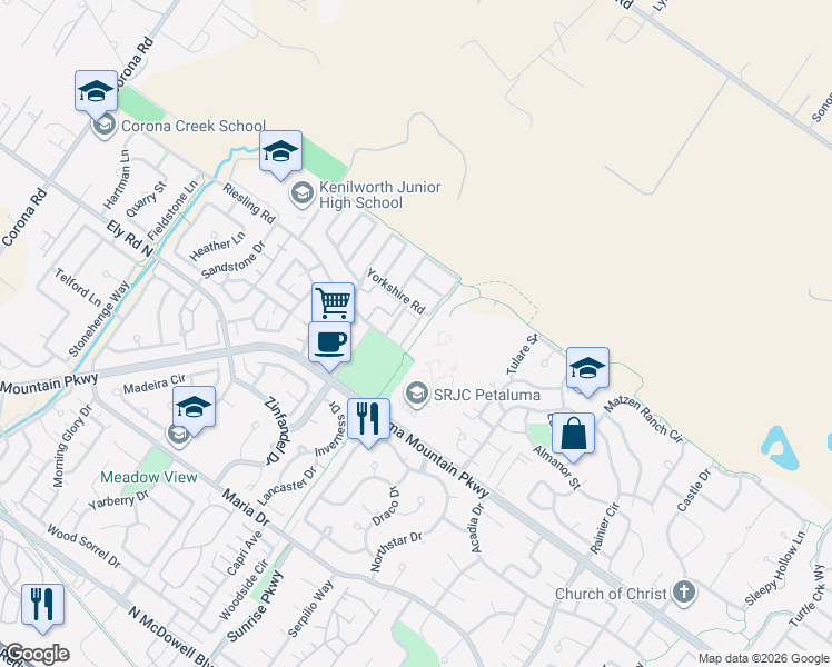 map of restaurants, bars, coffee shops, grocery stores, and more near 800 Campus Circle in Petaluma