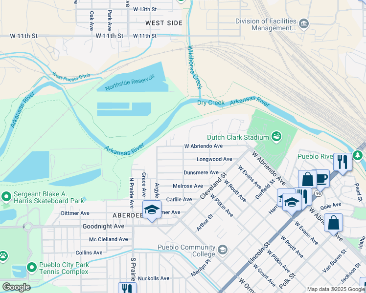 map of restaurants, bars, coffee shops, grocery stores, and more near 1300 West Abriendo Avenue in Pueblo
