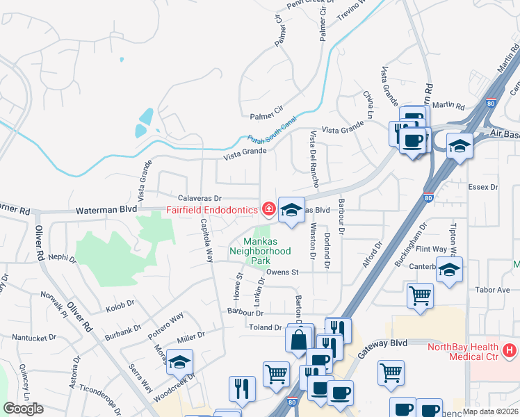 map of restaurants, bars, coffee shops, grocery stores, and more near Waterman Blvd & Monterey Dr in Fairfield