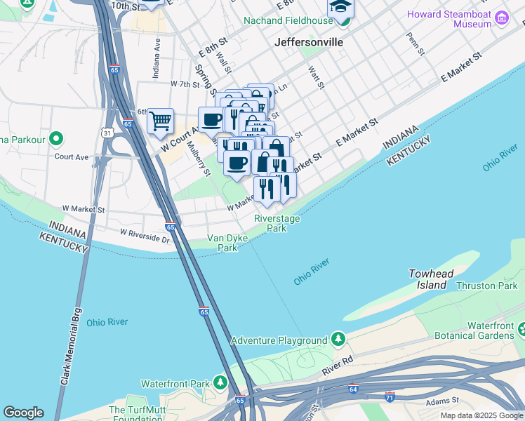 map of restaurants, bars, coffee shops, grocery stores, and more near 130 Pearl Street in Jeffersonville