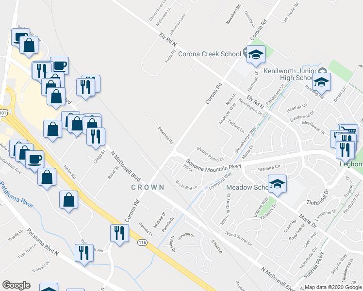 map of restaurants, bars, coffee shops, grocery stores, and more near 436 Corona Road in Petaluma