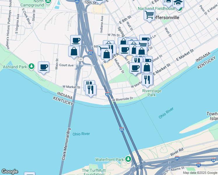 map of restaurants, bars, coffee shops, grocery stores, and more near 506 West Market Street in Jeffersonville