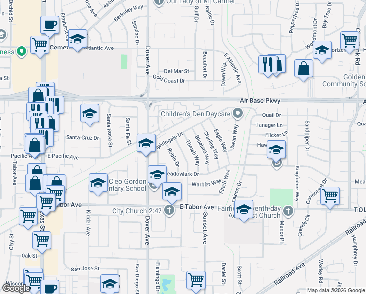 map of restaurants, bars, coffee shops, grocery stores, and more near 2062 Cardinal Way in Fairfield