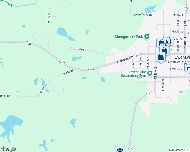 map of restaurants, bars, coffee shops, grocery stores, and more near 7336 Indiana 165 in Owensville