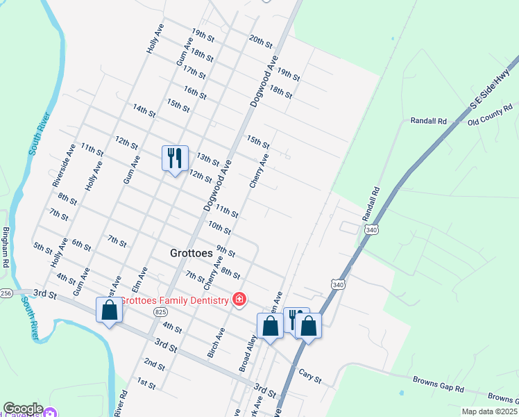 map of restaurants, bars, coffee shops, grocery stores, and more near 1102 Cherry Avenue in Grottoes