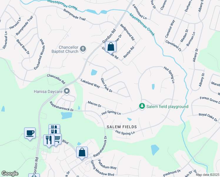 map of restaurants, bars, coffee shops, grocery stores, and more near 11221 Glen Park Drive in Fredericksburg