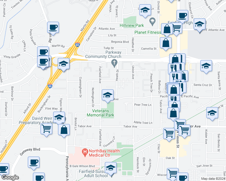 map of restaurants, bars, coffee shops, grocery stores, and more near 844 Heath Court in Fairfield