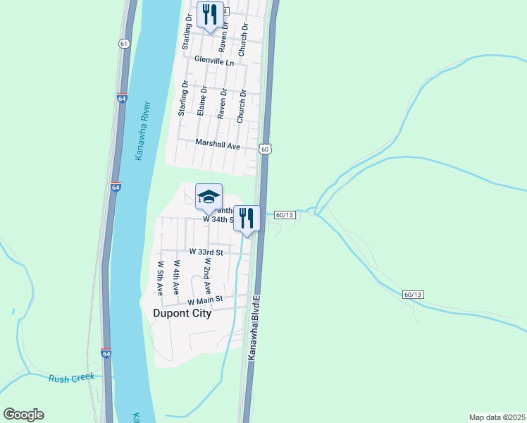 map of restaurants, bars, coffee shops, grocery stores, and more near 5899 Kanawha Boulevard East in Charleston