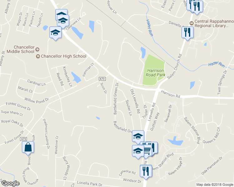 map of restaurants, bars, coffee shops, grocery stores, and more near 7019 Battlefield Green Drive in Fredericksburg
