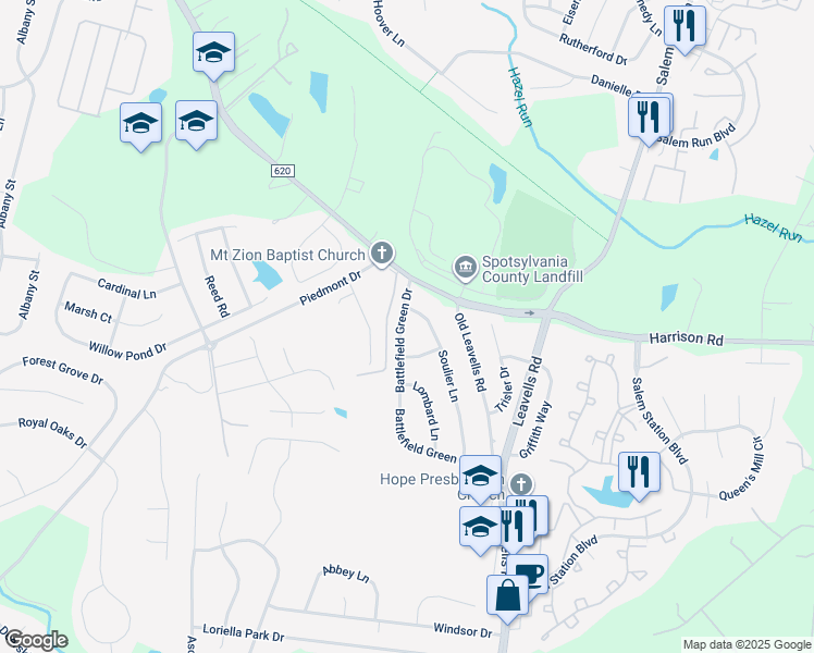 map of restaurants, bars, coffee shops, grocery stores, and more near 7019 Battlefield Green Drive in Fredericksburg