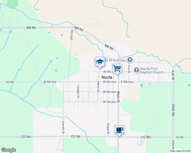 map of restaurants, bars, coffee shops, grocery stores, and more near 440 Heron Street in Nucla