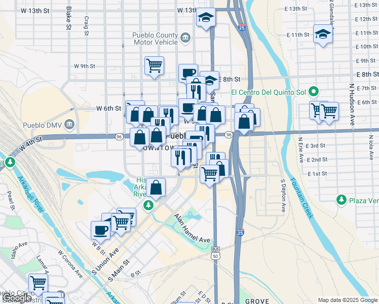 map of restaurants, bars, coffee shops, grocery stores, and more near 212 West 3rd Street in Pueblo