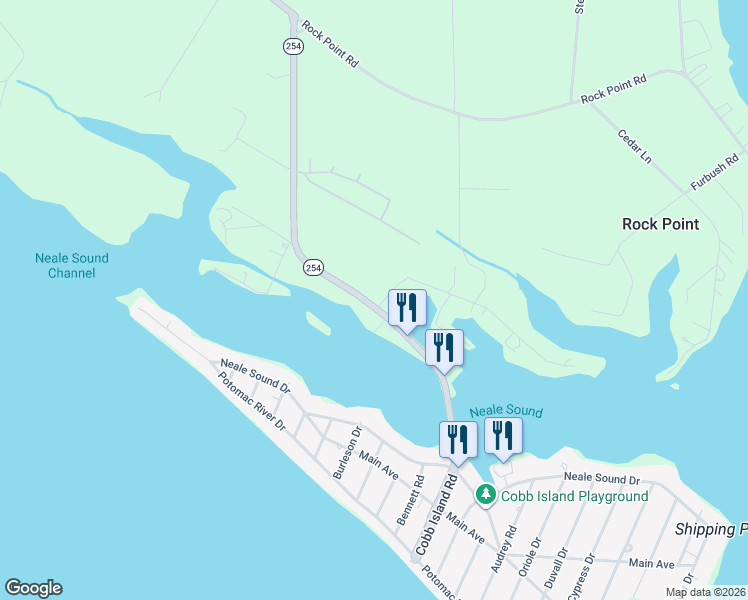 map of restaurants, bars, coffee shops, grocery stores, and more near 16148 Cobb Island Road in Newburg