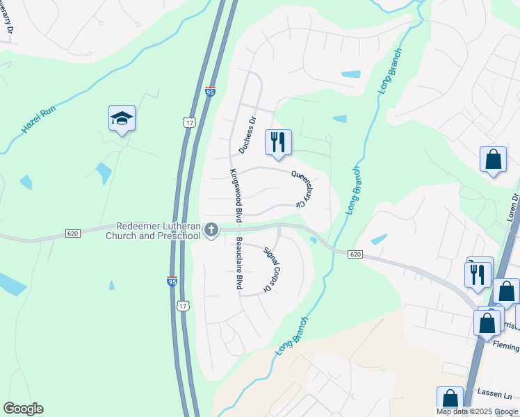 map of restaurants, bars, coffee shops, grocery stores, and more near 5025 Queensbury Circle in Fredericksburg