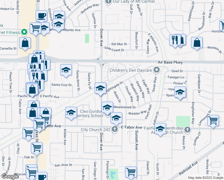map of restaurants, bars, coffee shops, grocery stores, and more near 2065 Robin Drive in Fairfield