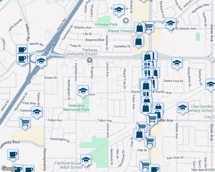 map of restaurants, bars, coffee shops, grocery stores, and more near 2195 Union Avenue in Fairfield