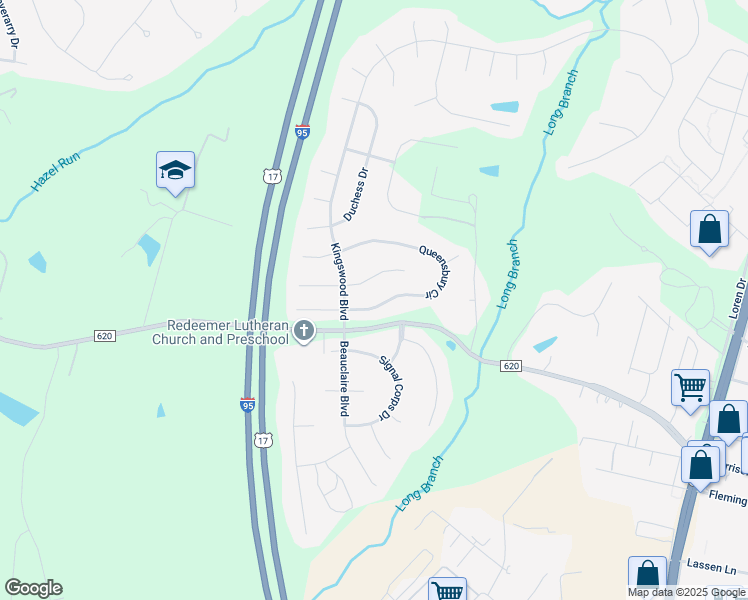 map of restaurants, bars, coffee shops, grocery stores, and more near 5025 Queensbury Circle in Fredericksburg