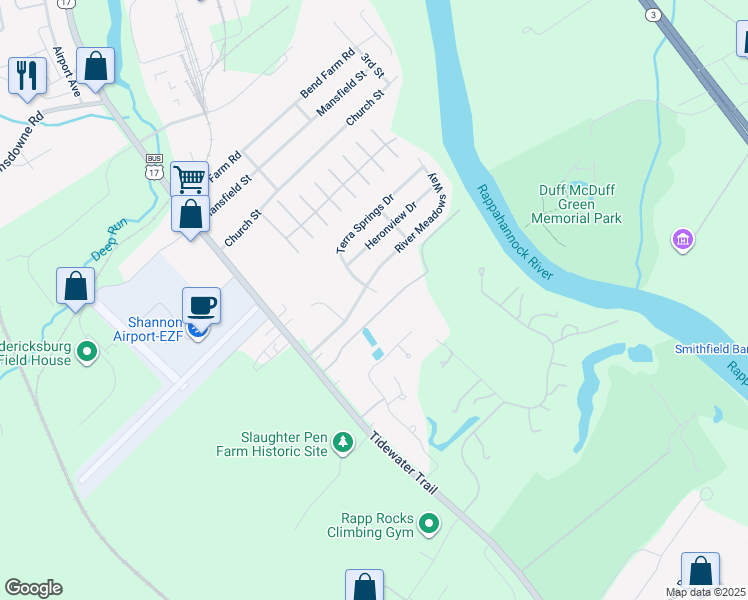 map of restaurants, bars, coffee shops, grocery stores, and more near 3002 Terra Springs Court in Fredericksburg