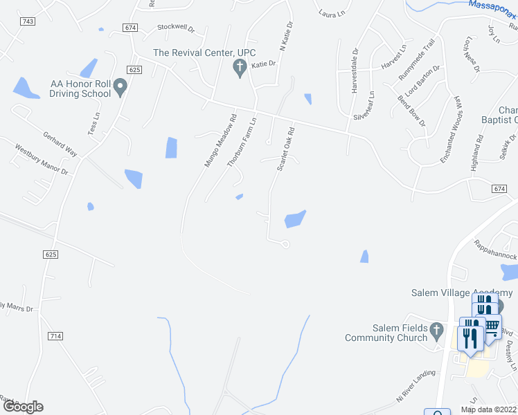 map of restaurants, bars, coffee shops, grocery stores, and more near 11400 Scarlet Oak Road in Fredericksburg