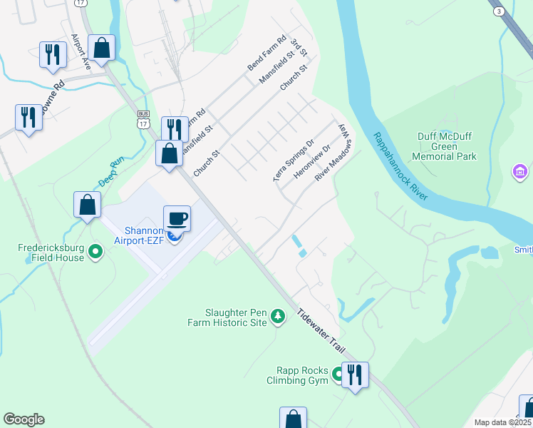 map of restaurants, bars, coffee shops, grocery stores, and more near 3107 Surber Court in Fredericksburg