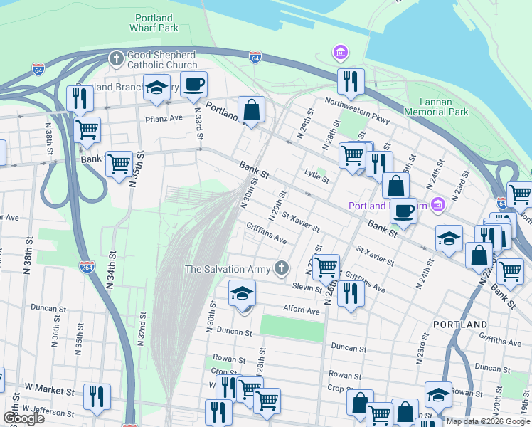 map of restaurants, bars, coffee shops, grocery stores, and more near 2905 Cleveland Avenue in Louisville