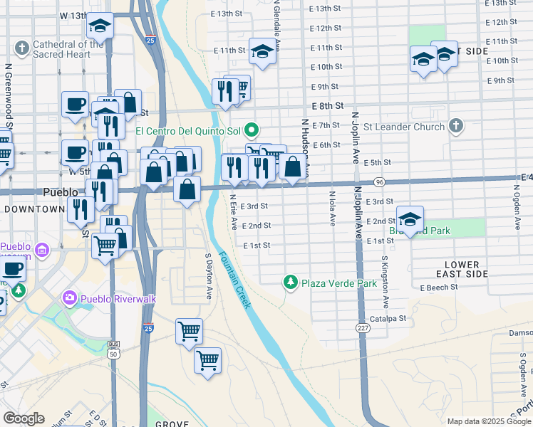 map of restaurants, bars, coffee shops, grocery stores, and more near 703 East 2nd Street in Pueblo