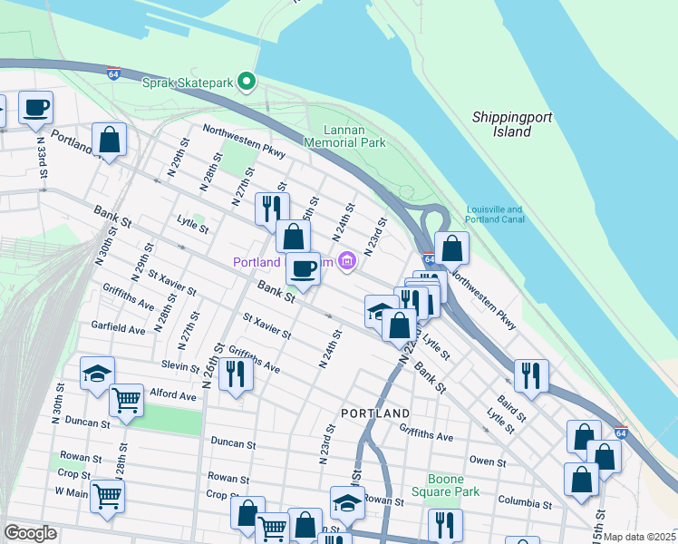 map of restaurants, bars, coffee shops, grocery stores, and more near 2308 Portland Avenue in Louisville
