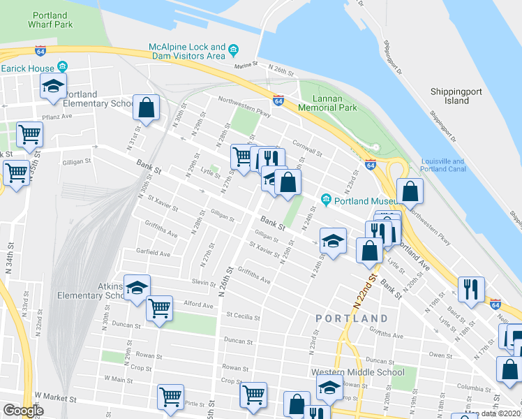 map of restaurants, bars, coffee shops, grocery stores, and more near in Louisville