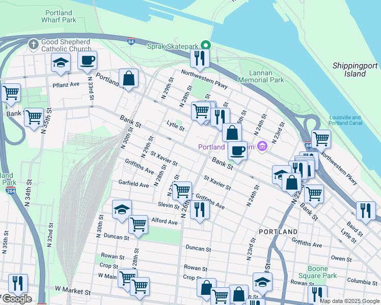 map of restaurants, bars, coffee shops, grocery stores, and more near 2630 Bank Street in Louisville