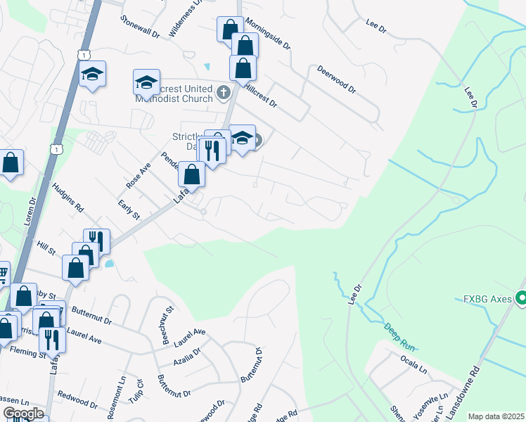 map of restaurants, bars, coffee shops, grocery stores, and more near 3103 Alliance Court in Fredericksburg
