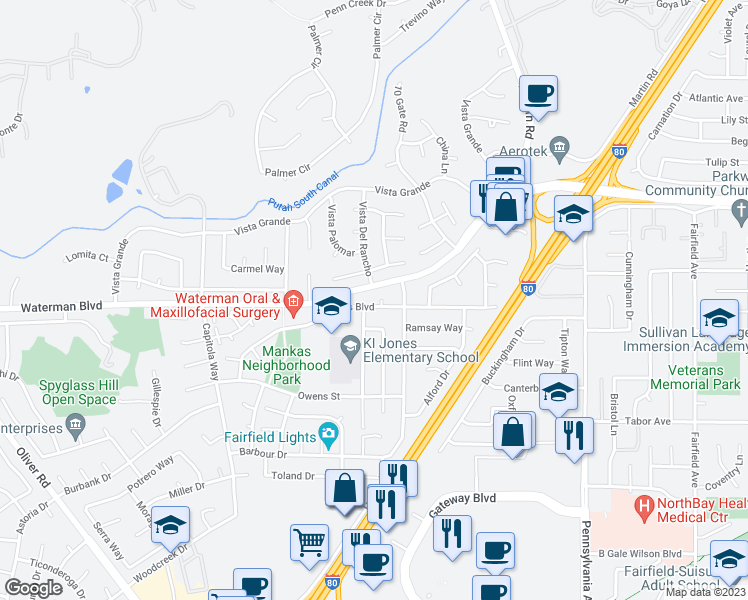 map of restaurants, bars, coffee shops, grocery stores, and more near 2658 Vista Hacienda in Fairfield