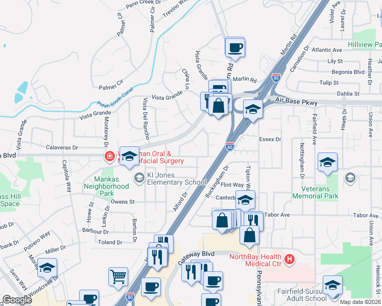 map of restaurants, bars, coffee shops, grocery stores, and more near 2438 Mankas Boulevard in Fairfield