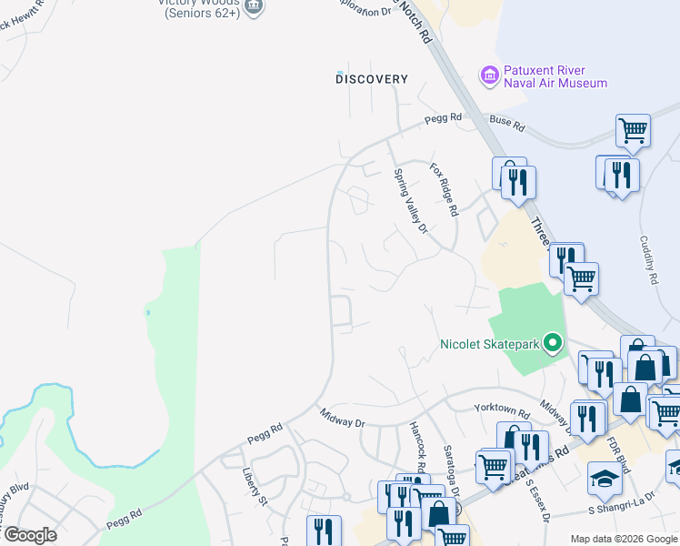map of restaurants, bars, coffee shops, grocery stores, and more near 21943 Springwood Court in Lexington Park
