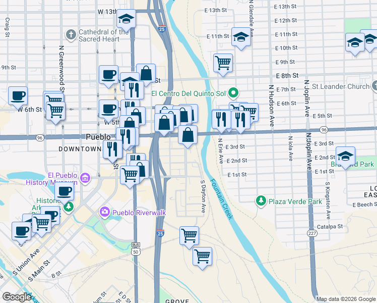 map of restaurants, bars, coffee shops, grocery stores, and more near 228 North Chester Avenue in Pueblo