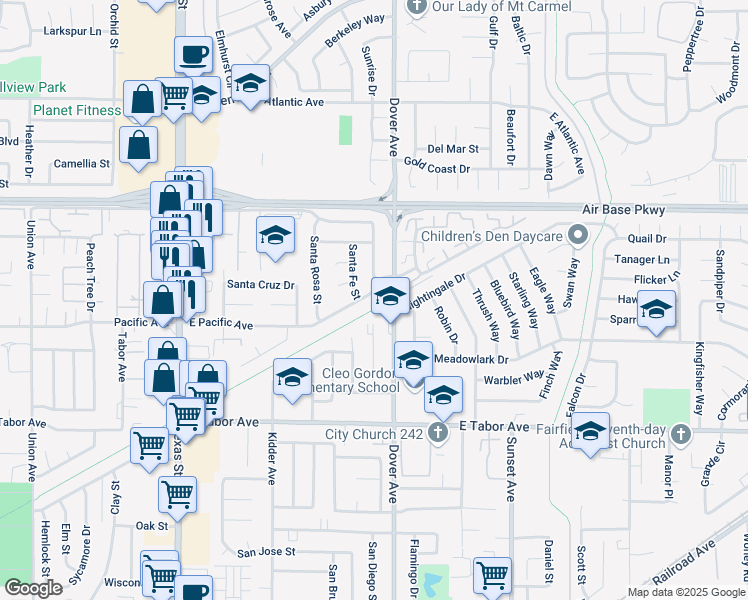 map of restaurants, bars, coffee shops, grocery stores, and more near 385 East Pacific Avenue in Fairfield