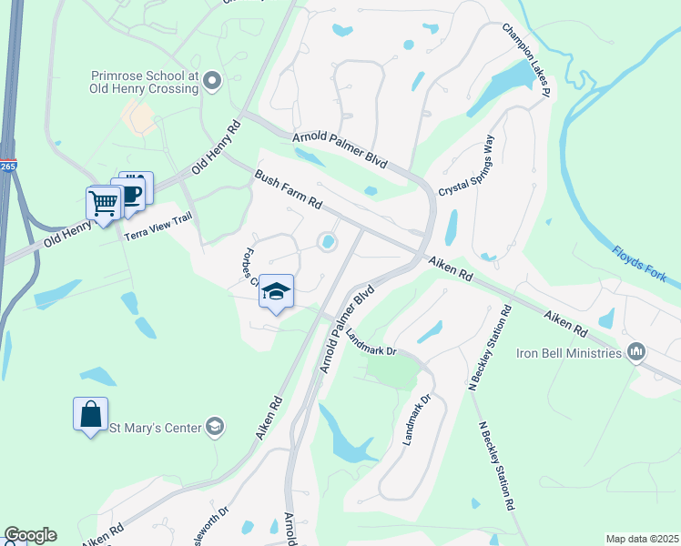 map of restaurants, bars, coffee shops, grocery stores, and more near 14417 Aiken Road in Louisville
