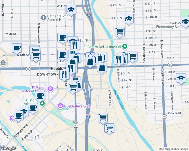 map of restaurants, bars, coffee shops, grocery stores, and more near 226 North Bradford Street in Pueblo