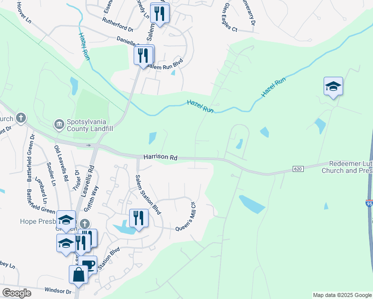 map of restaurants, bars, coffee shops, grocery stores, and more near 1 Twin Springs Drive in Fredericksburg