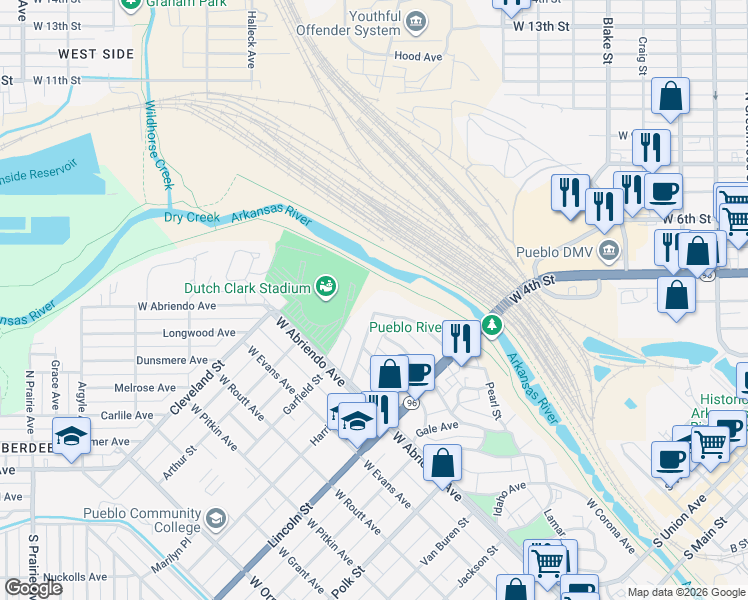 map of restaurants, bars, coffee shops, grocery stores, and more near 42 Carlile Place in Pueblo