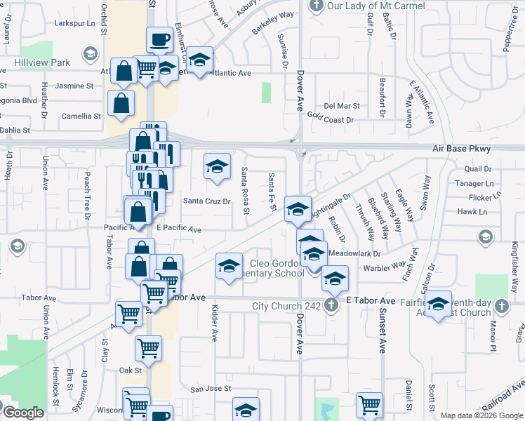 map of restaurants, bars, coffee shops, grocery stores, and more near 2212 Santa Rosa Street in Fairfield