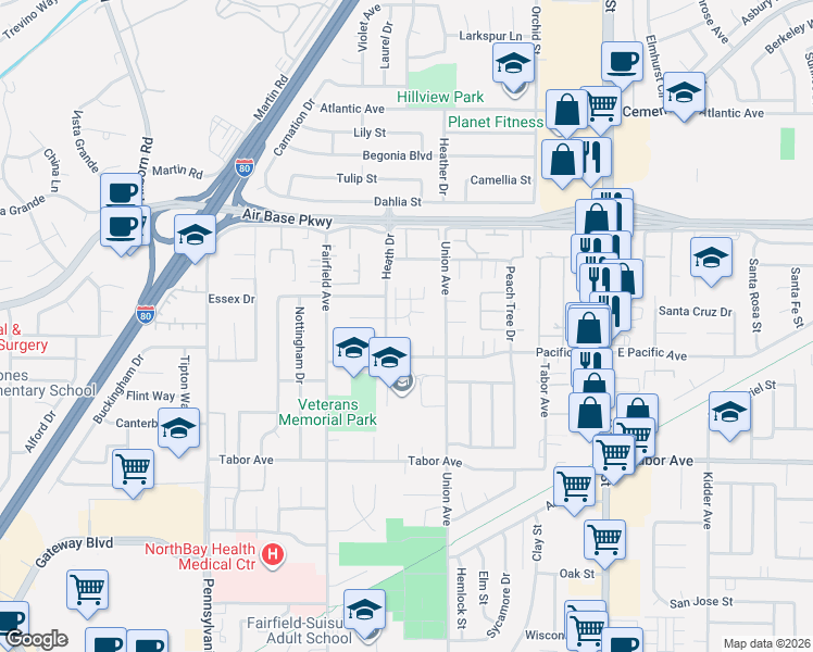 map of restaurants, bars, coffee shops, grocery stores, and more near 2207 Union Avenue in Fairfield
