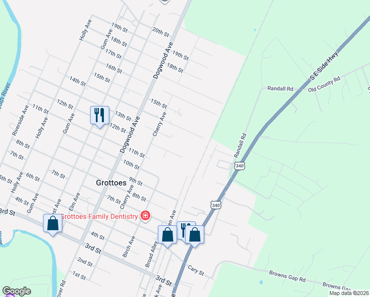 map of restaurants, bars, coffee shops, grocery stores, and more near 103 13th Street in Grottoes